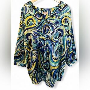 Colorful Swirl Pattern Blouse - Blue and Yellow